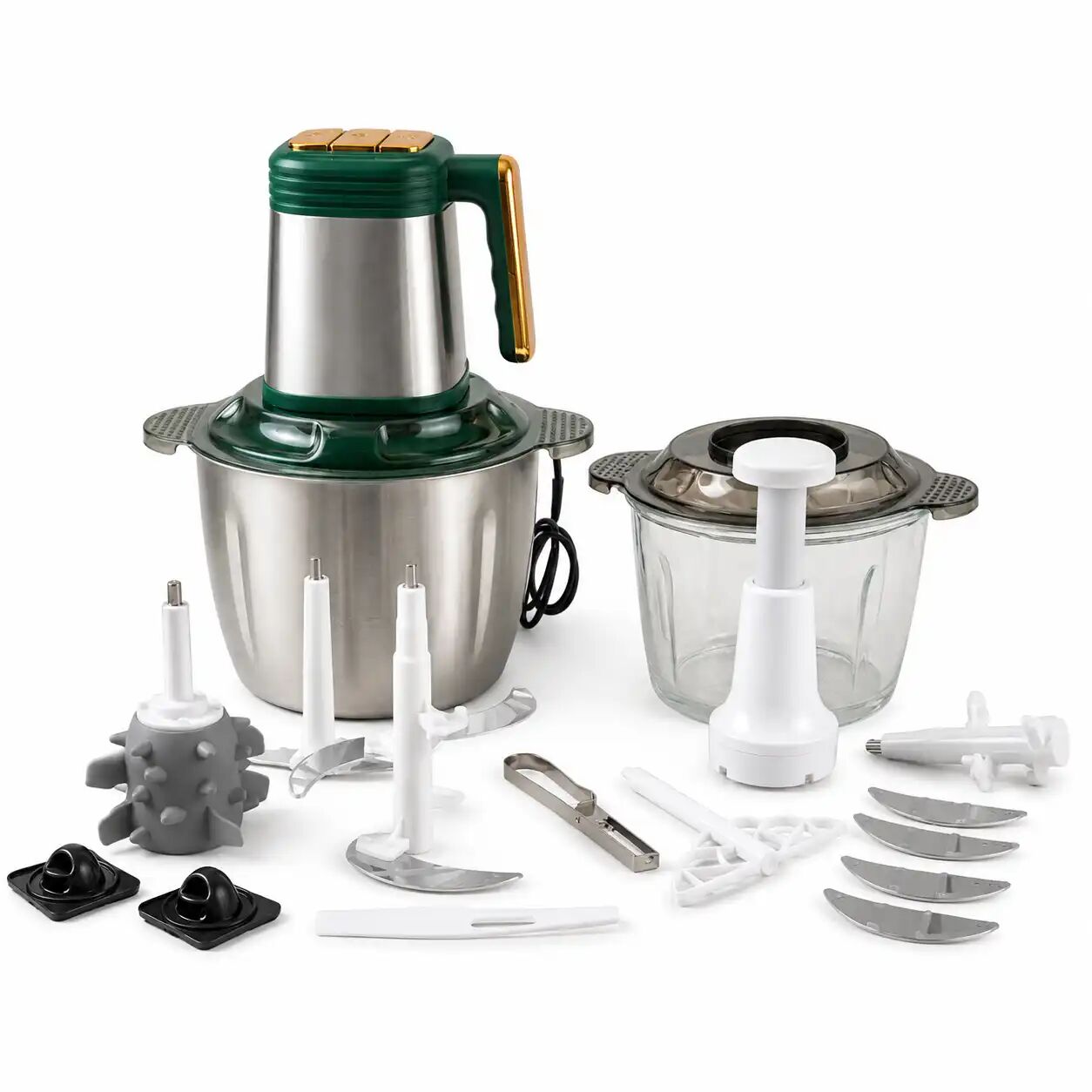 Hachoir Multifonction Afos 1200 W – Set 13 Pièces – Bol Inox 3 L Et Bol En Verre